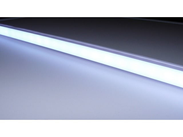 Constant current 60 LED/M RGB LED Strip displaying white in polycarbonate profile